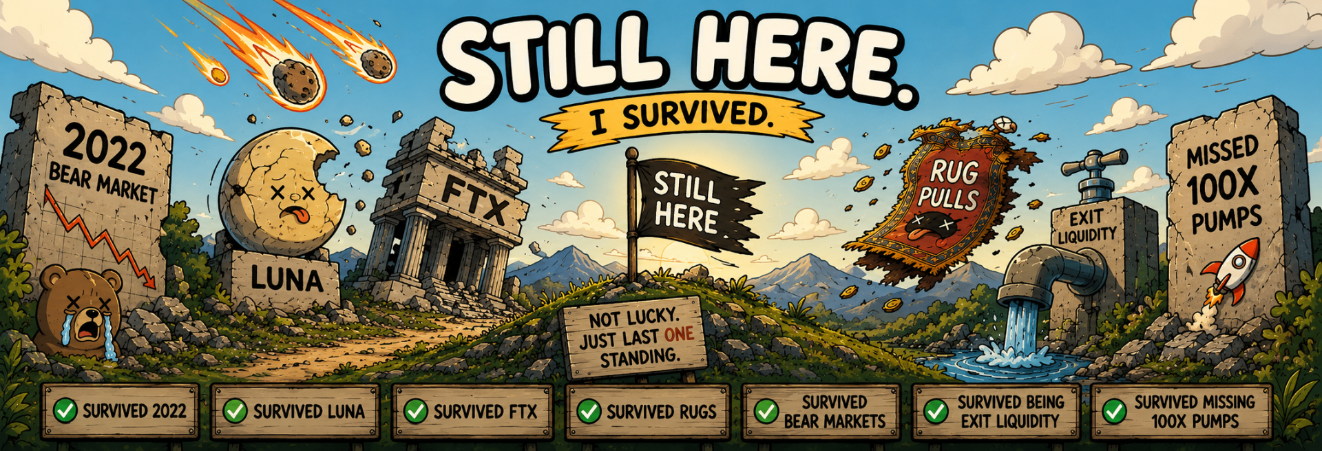 Illustrated crypto survivor landscape with Still Here flag