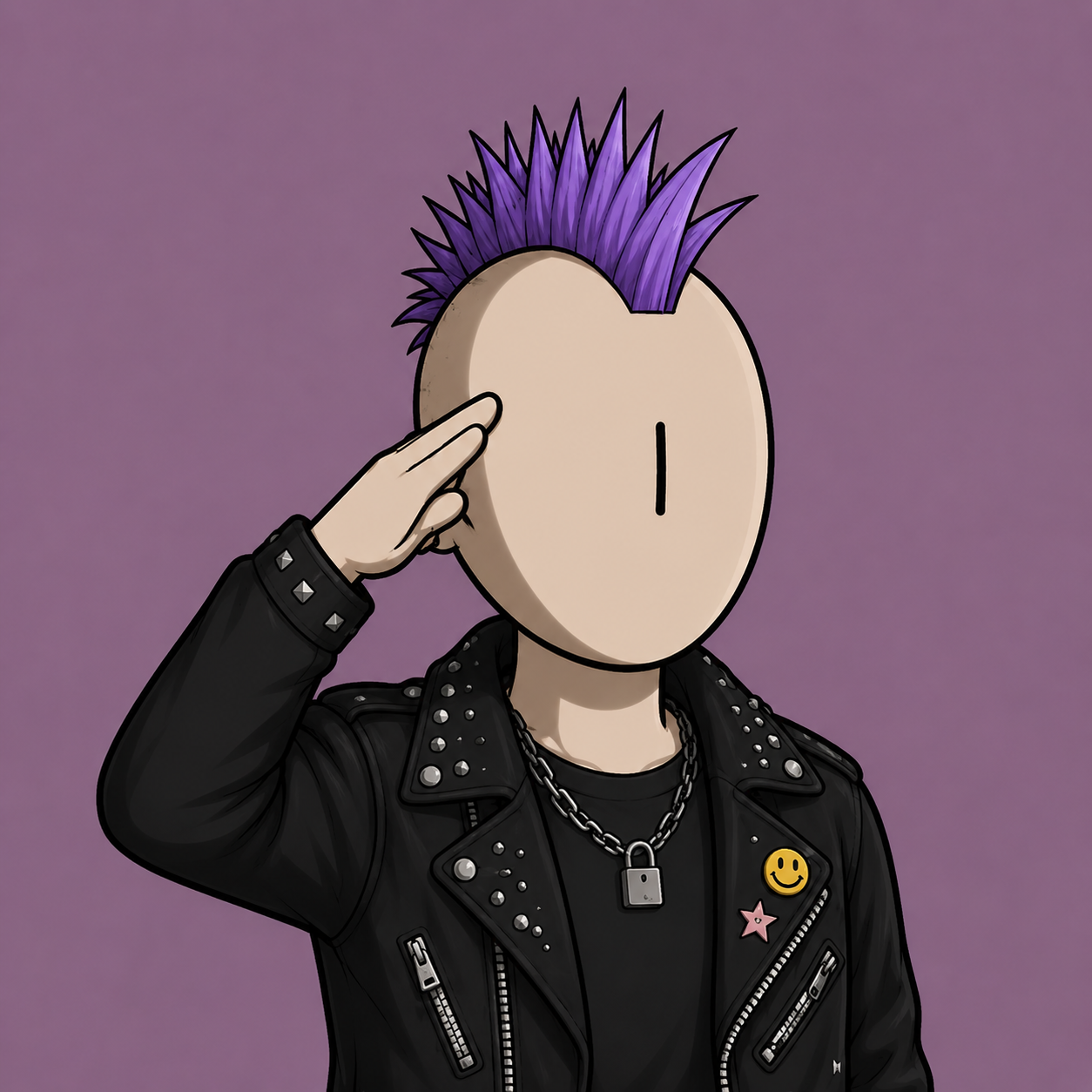 Still Here NFT with purple hair and a studded jacket